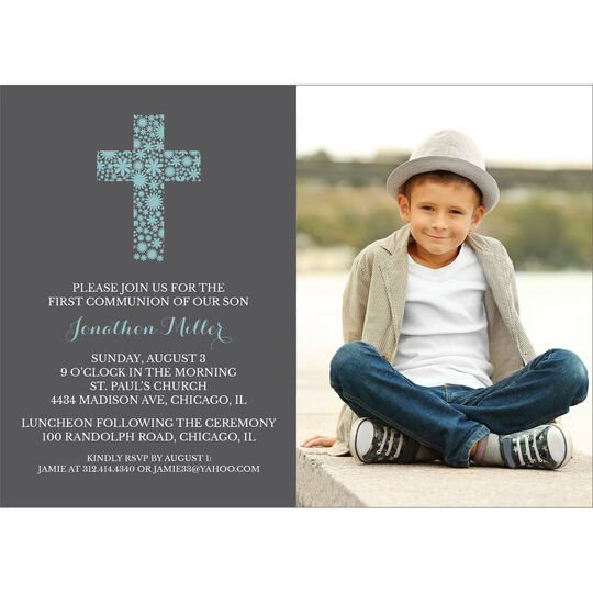 Grey Floral Lace Cross Photo Communion Invitations